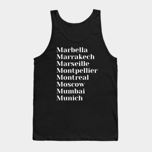 Cities starting with the letter, M, Tote, Mask, Mug Tank Top